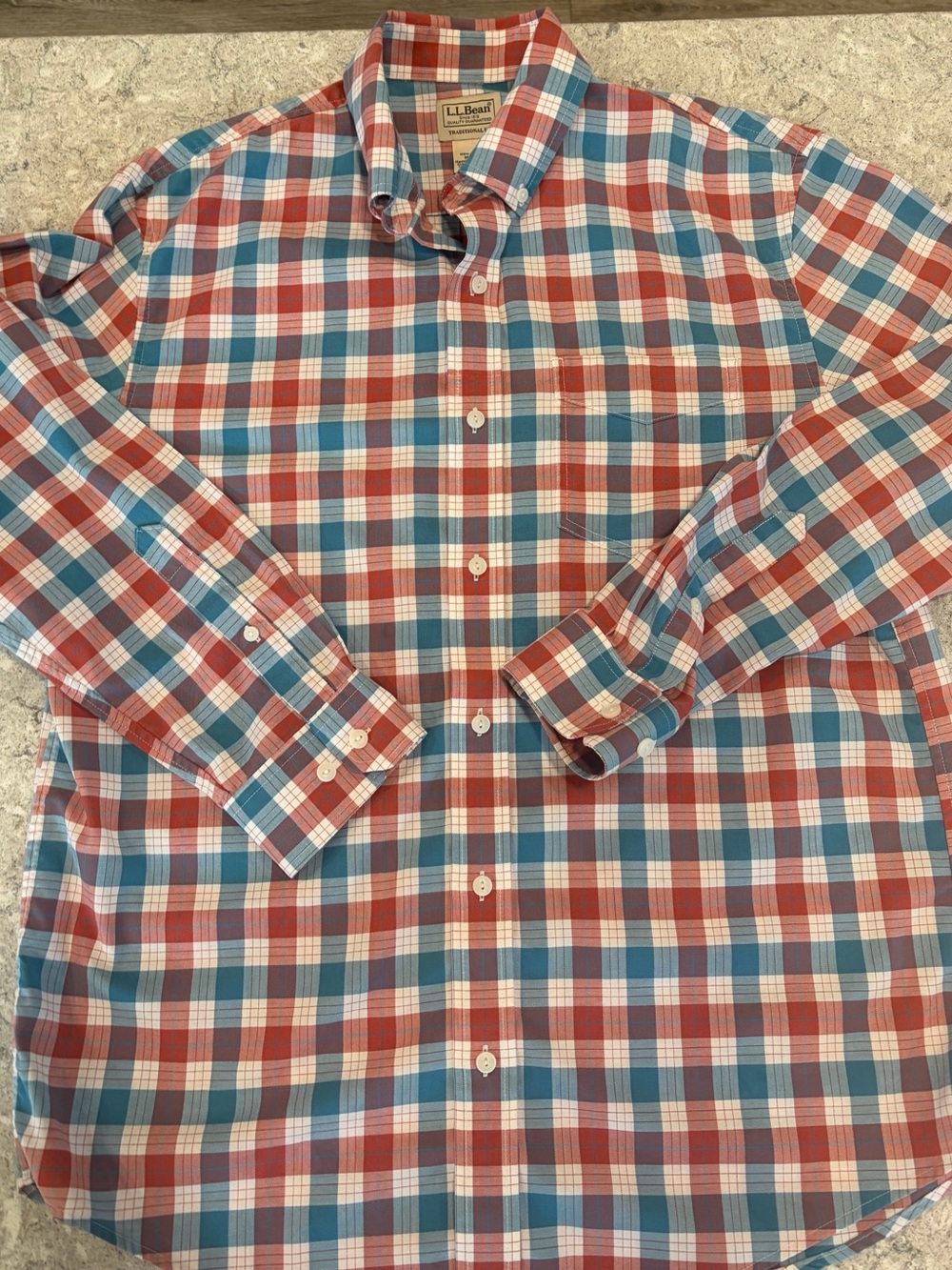 L.L. Bean Men's Red & Blue Plaid Button-Down Shirt-Medium
